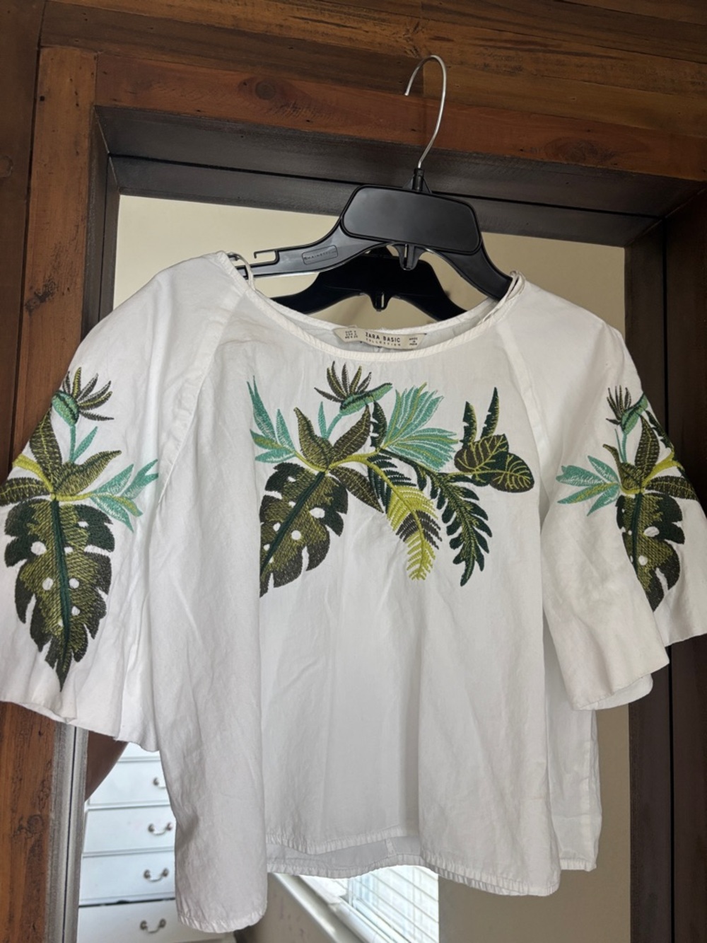 Zara Basic White Blouse with Green and Yellow Leaf Embroidery